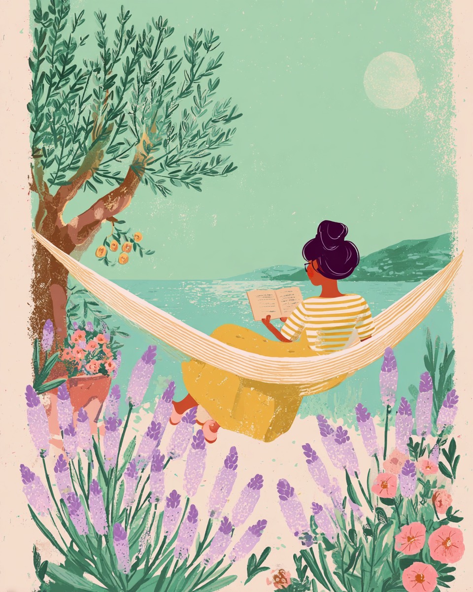 Illustration: Mama liest entspannt in einer Hängematte am Meer