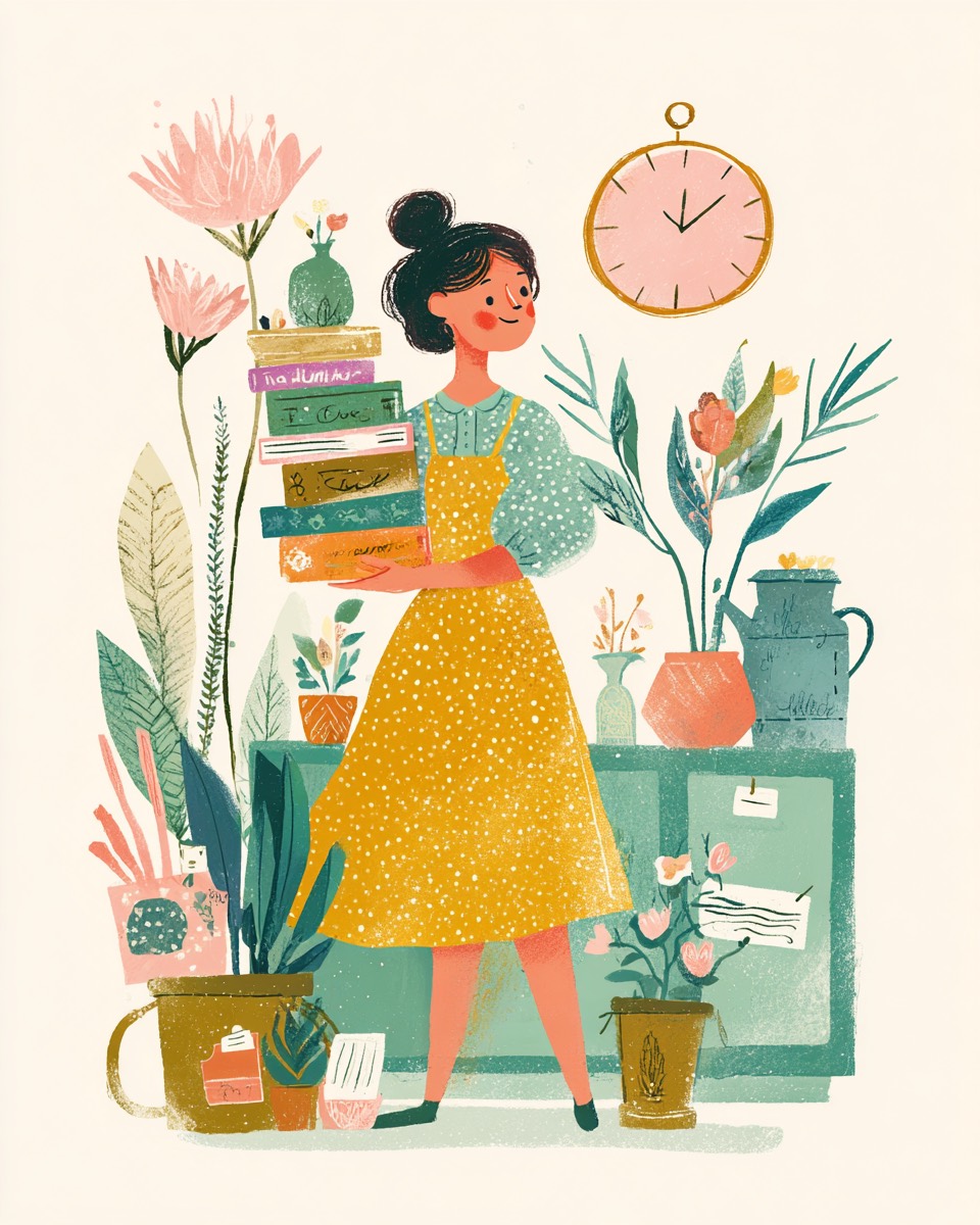 Illustration: Mama trägt einen Stapel Bücher, während die Uhr tickt